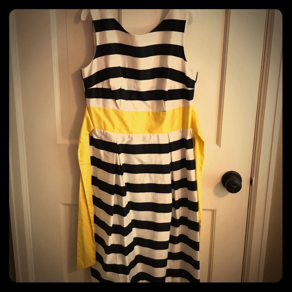 Black and white dress with yellow sash
